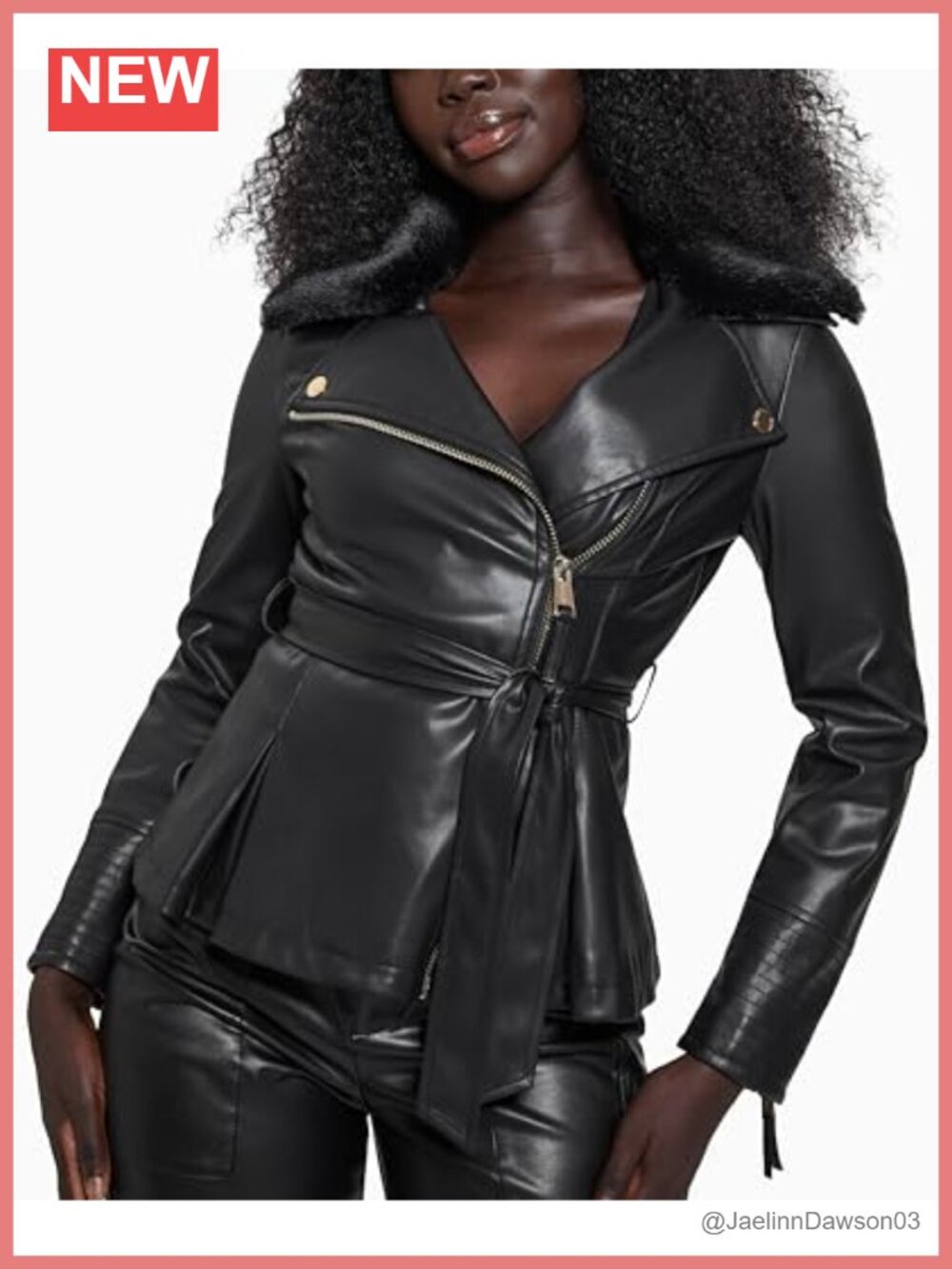 Faux Leather Peplum Jacket with Removable Belt and Faux Fur Collar